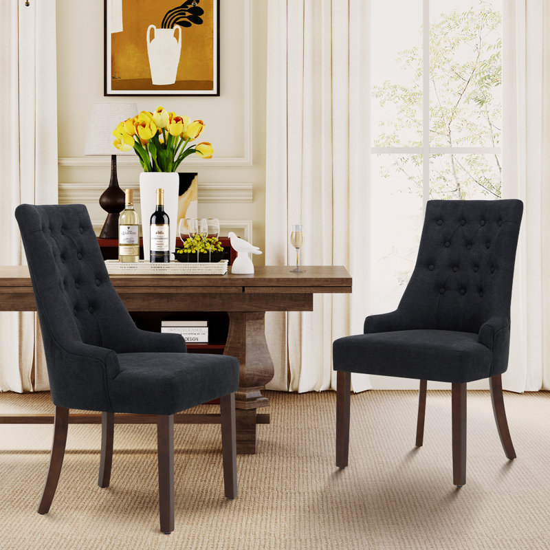 Set of 2 Wingback Dining Chairs, Solid Wood Frame with Linen-Textured Upholstery & Tufted Back, Black
