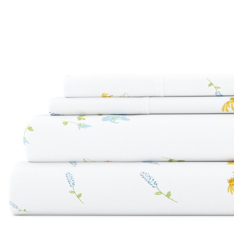King Blue Floral Microfiber Sheet Set with Pillowcases