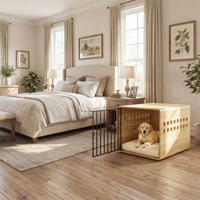 80cm Solid Pine Furniture Style Dog Crate with Metal Door - Glossy Wooden Pet Kennel End Table