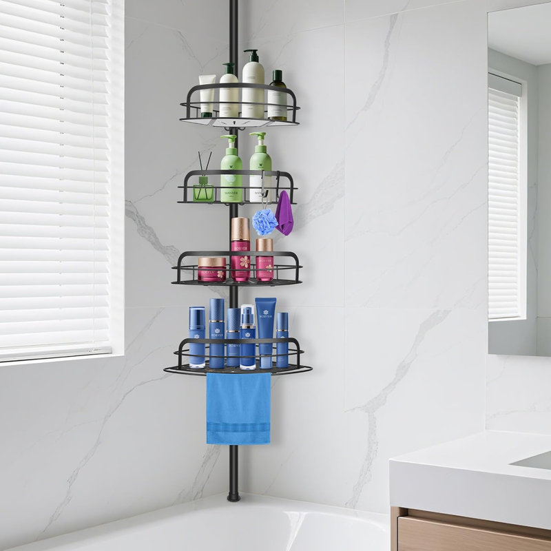 Poteau de tension pour chariot de douche en coin, organisateur de douche réglable à 4 niveaux avec conception antirouille, tablette de salle de bain robuste pour accessoires de baignoire