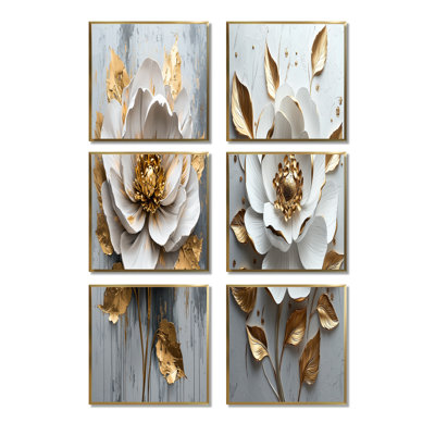 White And Gold Peony Bloom - Peony Wall Art Living Room Set Of 6