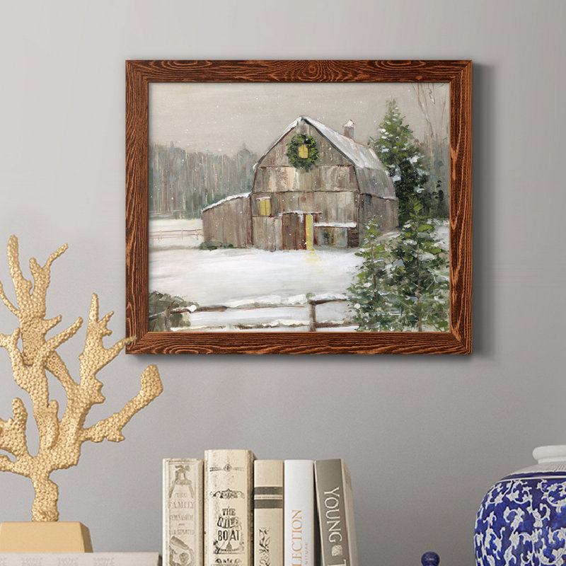 Winter Barn - cadre photo, reproduction d'art sur toile, H 20 po x l 17 po x P 1,5 po, Toile avec cadre érable