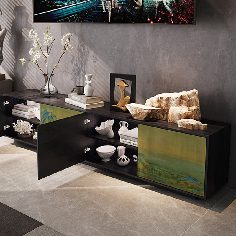 Meuble télé en bois de pin naturel, 70.86", Noir/vert