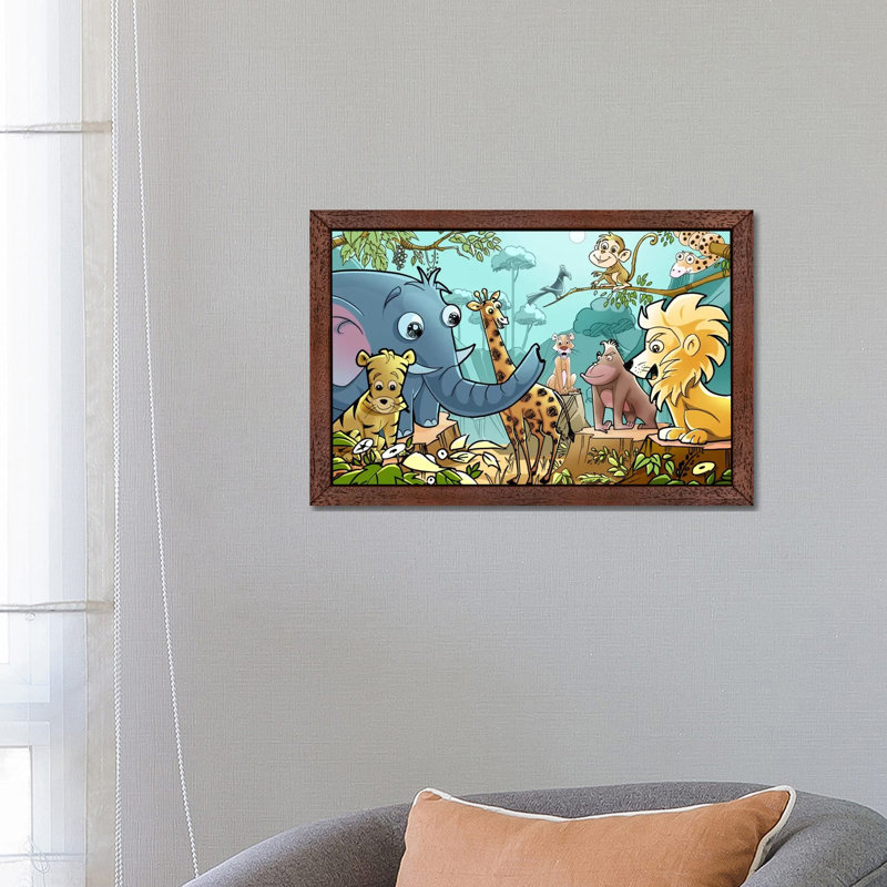Jungle Cartoon Animals - Floater Frame Print on Canvas, 101.6 cm H x 66.04 cm W, Brown Framed