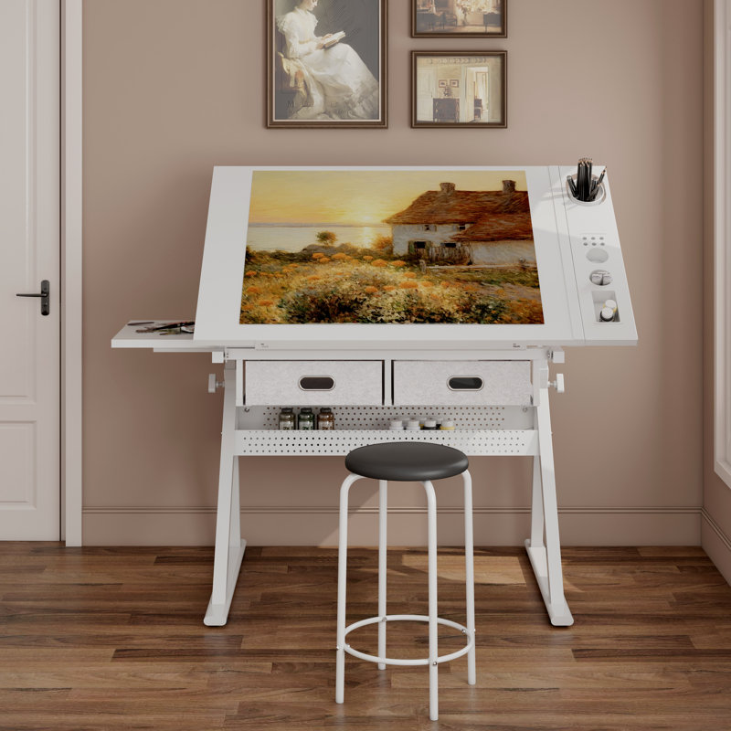 Bureau de dessin réglable avec 2 tiroirs pour bureau à domicile et école avec tabouret
