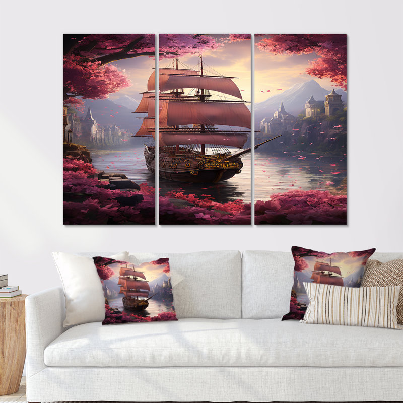 Voilier arrivant dans un port rose en fleur - ensemble d'art mural bateau, Toile tendue, H 32 po x l 48 po x P 1 po