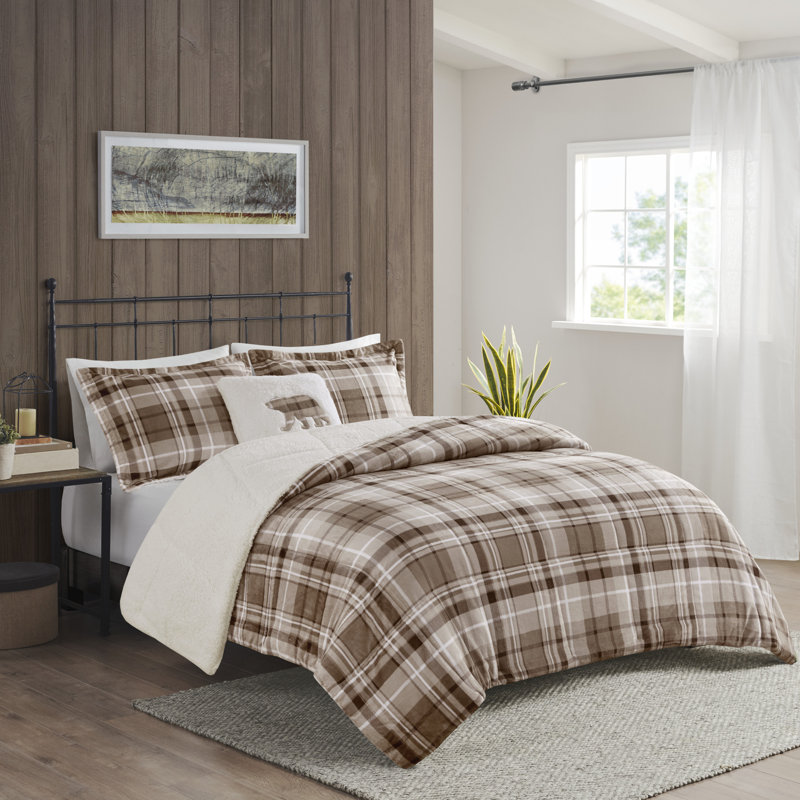 Ensemble d'édredon ultra-doux Alton, Queen Comforter + 2 Shams + 1 Decorative Pillow, Tissu écossais brun clair