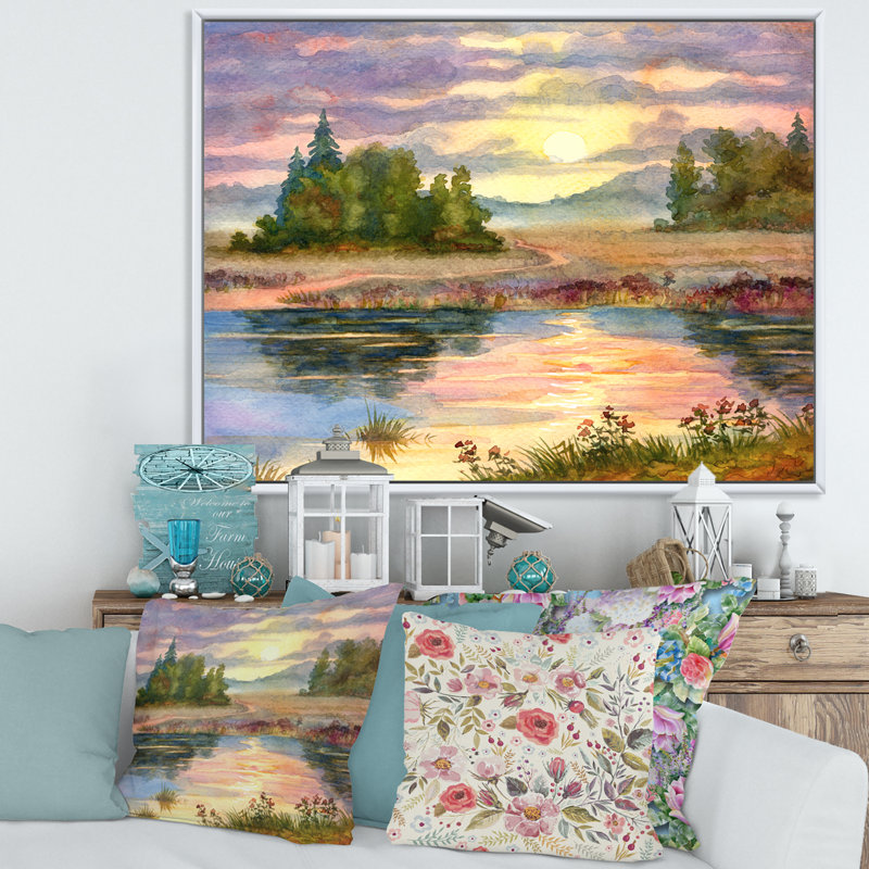 Coucher de soleil sur le lac I - peinture sur toile, H 24 po x l 32 po x P 1 po, Toile blanche encadrée