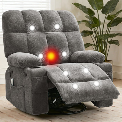Oversized Massage Recliner Lumbar Heat, 350 Lbs Swivel Rocker Sofa for Big & Tall, Cup Holders & Pockets, Gray