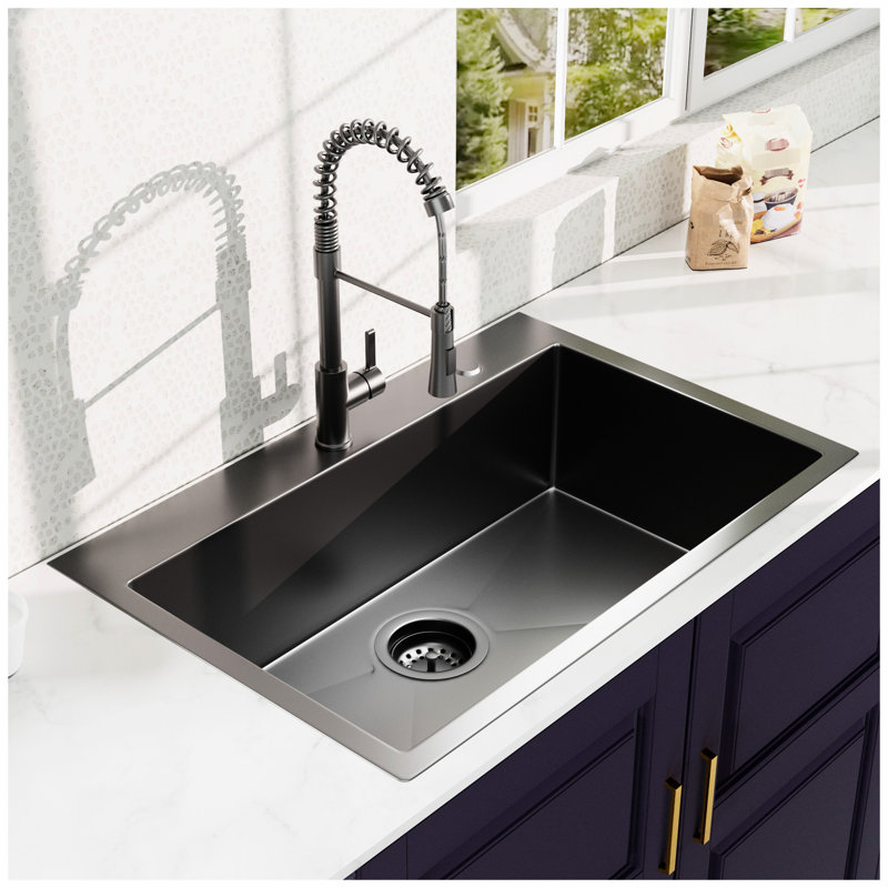 Gunmetal Black 33Inch Kitchen Sink, Stainless Steel, And Heavy Duty, Large Capacity, 33" X 22" 9", With Spring Neck Faucet, Bottom Grid Strainer Drain Steel Sink In Black, L W 9" D, Single Bowl,