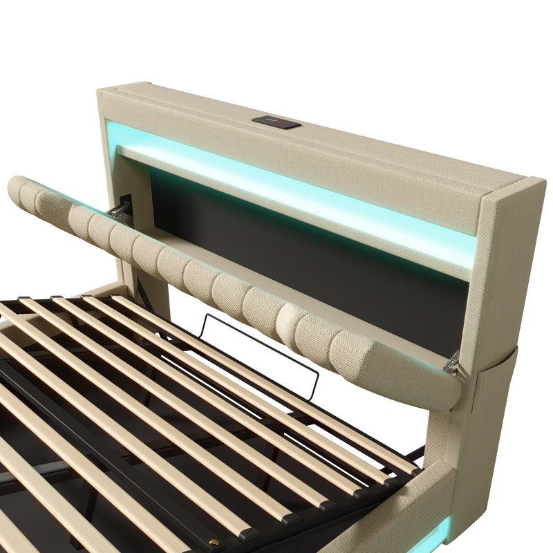 Upholstered Ottoman Storage Bed With LED Lighting, Double (4'6), Beige
