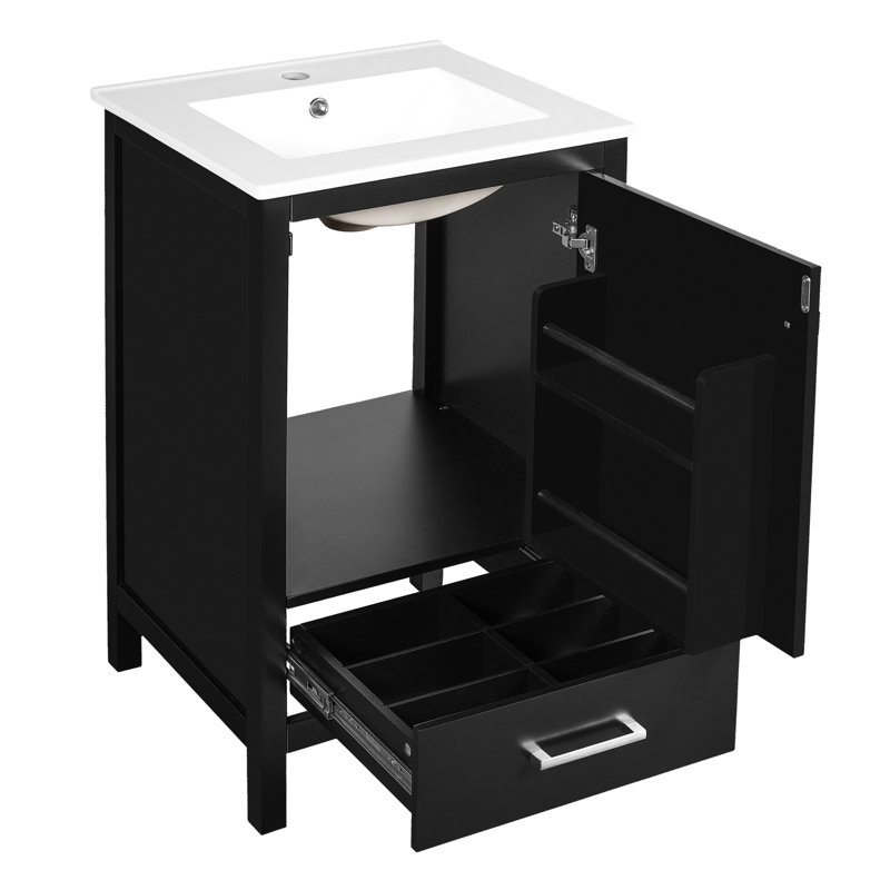 Meuble-lavabo de 20 pouces avec structure en bois massif, panneaux, mécanisme de fermeture en douceur et lavabo à tiroir moderne en céramique facile à nettoyer, patins réglables pour une utilisation sur des planchers inégaux