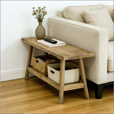 43 Inch Farmhouse Entryway Bench, 2-Tier Rustic Storage Bench with Open Shelf, A-Frame Sturdy Accent Bench for Hallway, Living Room, Bedroom and Kitchen