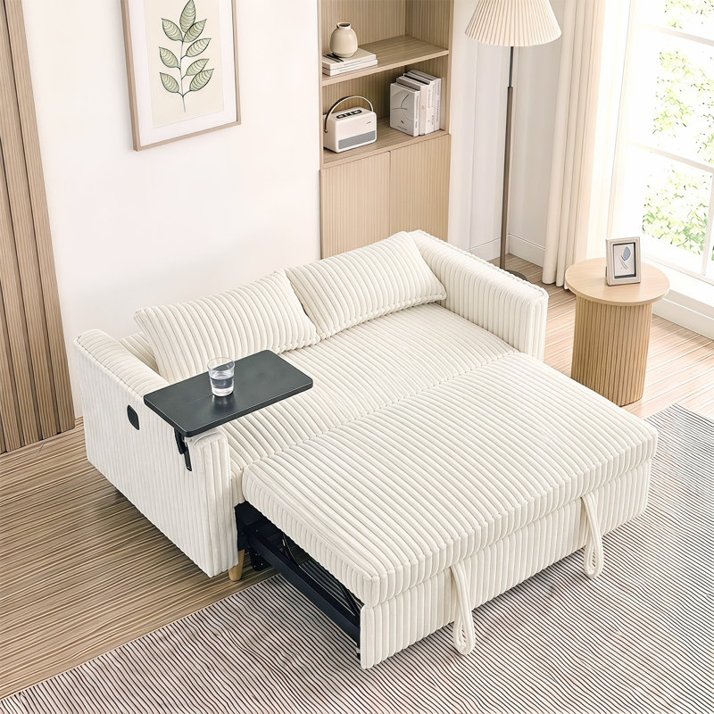 Canapé coulissant avec plateau mobile et ports USB, Beige