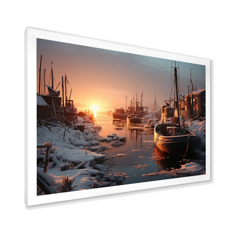 Winter Landscape Icy Harbor, reproduction d'art sur toile, Cadre simple blanc, H 24 po x l 32 po x P 1 po