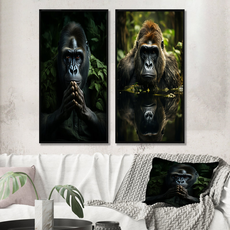 «Gorilla Serenity», ensemble de 2 reproductions d'art mural gorille, H 28 po x l 25 po, Cadre noir