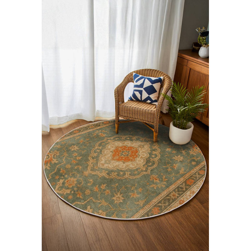 Zyana Collection Digital Print Cotton-Polyester Green Moroccan Rug, Round 6'7"
