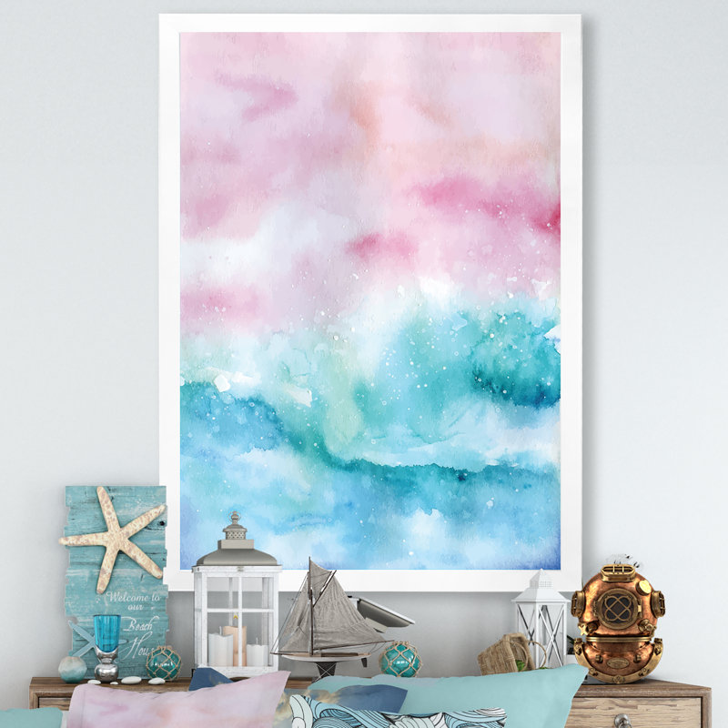 Abstrait océan rose et vagues bleues III - Peinture, H 36 po x l 24 po x P 1 po, Cadre photo blanc