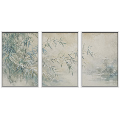 Tableau paysager de jardin zen enneigé avec bambous, décoration murale pour salon, impression giclée sur toile encadrée en 3 parties - 61 x 91 cm (24 x 36 pouces)