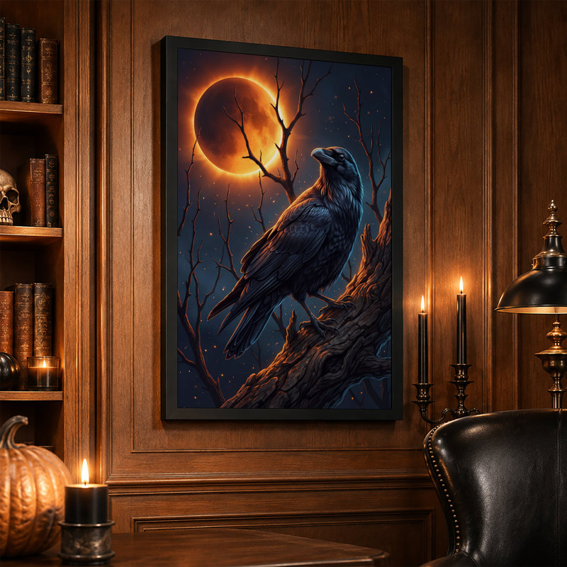 Corbeau noir perché sur une branche devant une toile lumineuse d'Halloween, 30"H x 20"W