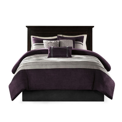 Édredon en faux suède mauve mauve - 7 pièces, microsuède à motif, 3 coussins décoratifs, 2 taies décoratives, 1 pièce de jupe de lit très grand, jupe de broderie assortie, entretien facile