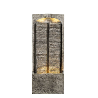 Modern 39.4" Tall Ribbed Outdoor Water Wall Fountain With Warm Led Lights, Gray Weather-Resistant Resin Fiberglass Freestanding Cascading Waterfall Feature With Quiet Pump For Garden, Patio, And Porch