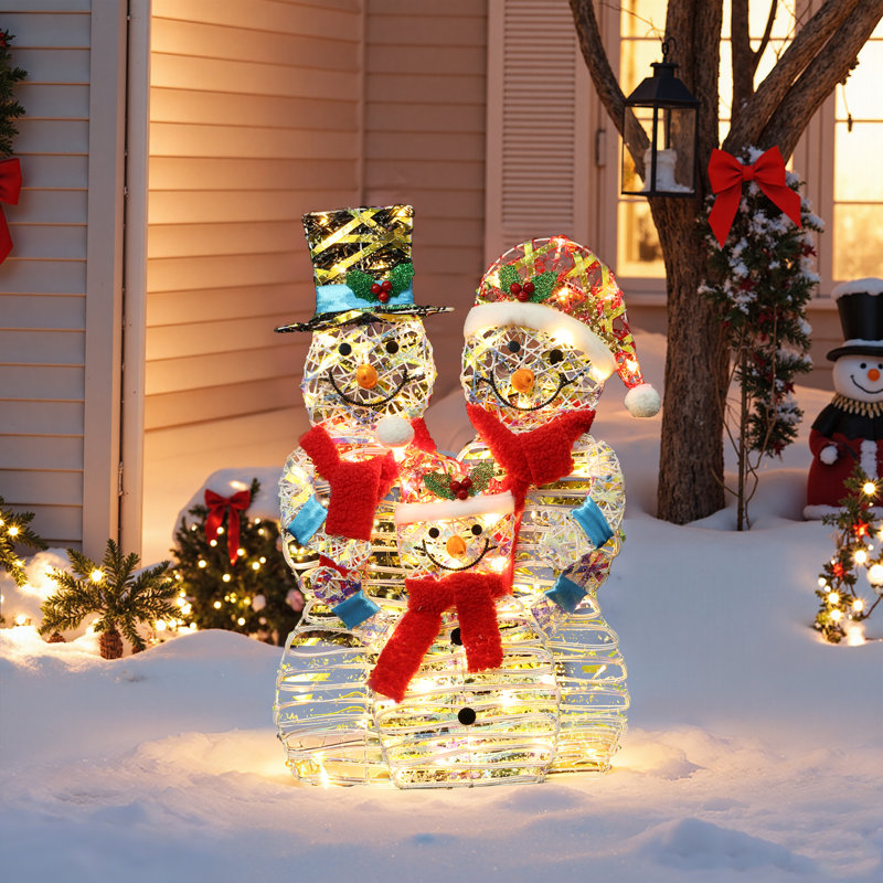 3‑Piece Pre-Lit Snowman Family Christmas Decoration, Metal Mesh Snowman Set for Indoor Outdoor Holiday Decor