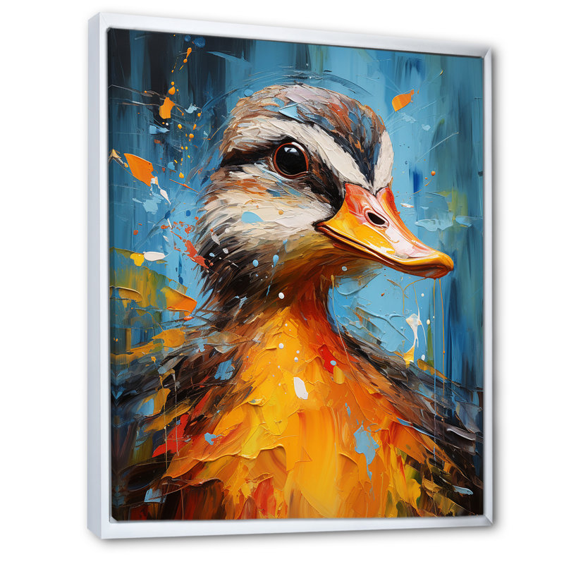 «Blue and Yellow Duck Portrait I - Duck Animal», art mural, Cadre flottant blanc, H 32 po x l 16 po