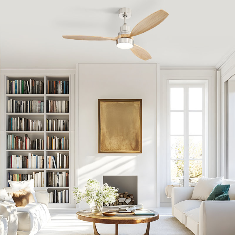 Kemp 52" 3-Solid Wood Blade Propeller Modern Ceiling Fan With LED Lights, Remote, Nickel with Solid Blades