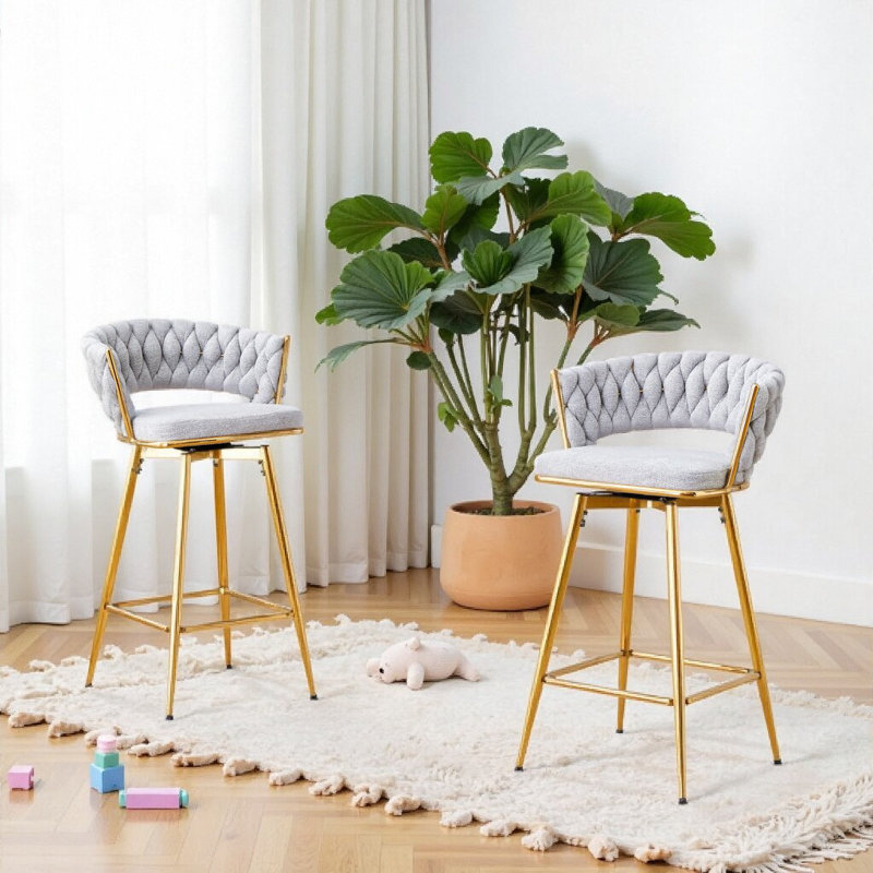 Ensemble de 2 tabourets de bar pivotants minimalistes modernes avec coussins en lin de coton et structure en métal antirouille, gris antique blanc