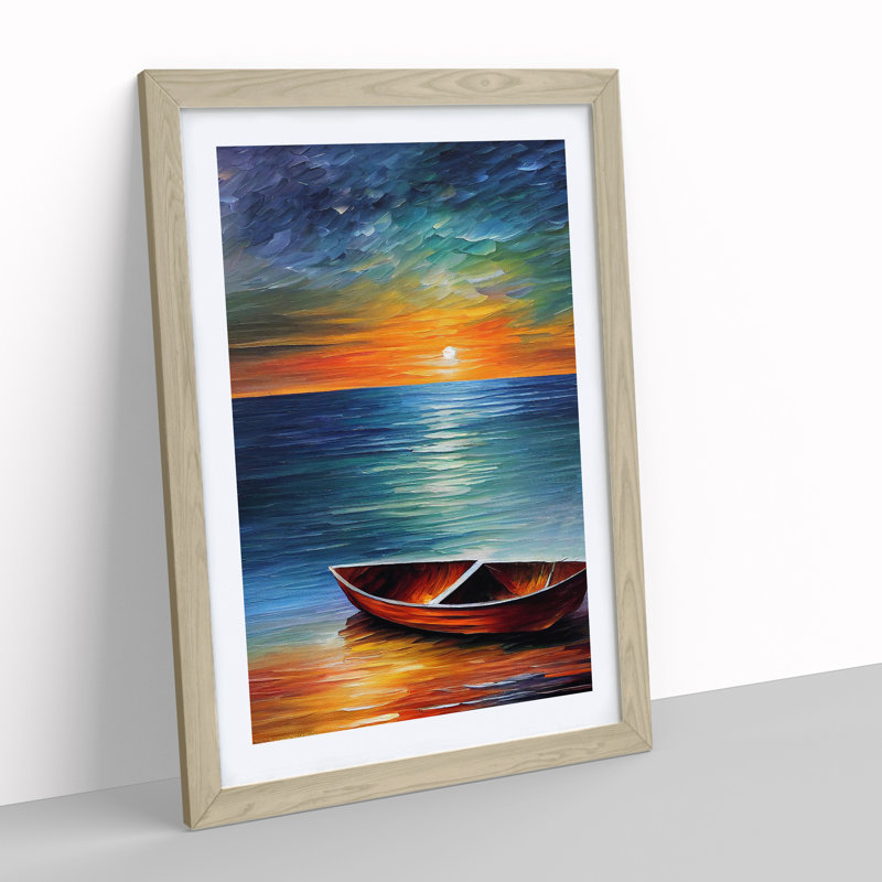 Boat at Sunset No.3 - Wall Art, 36cm H x 27cm W x 2cm D, Oak Framed, White