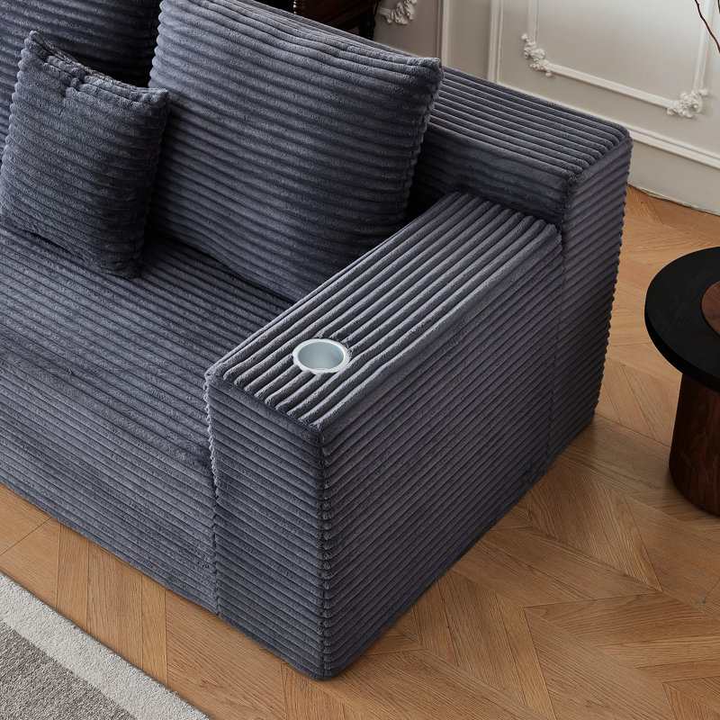 Canapé modulaire en velours côtelé à assise profonde, 6 places, gris, porte-gobelets, moderne, sans assemblage, adaptable à la maison