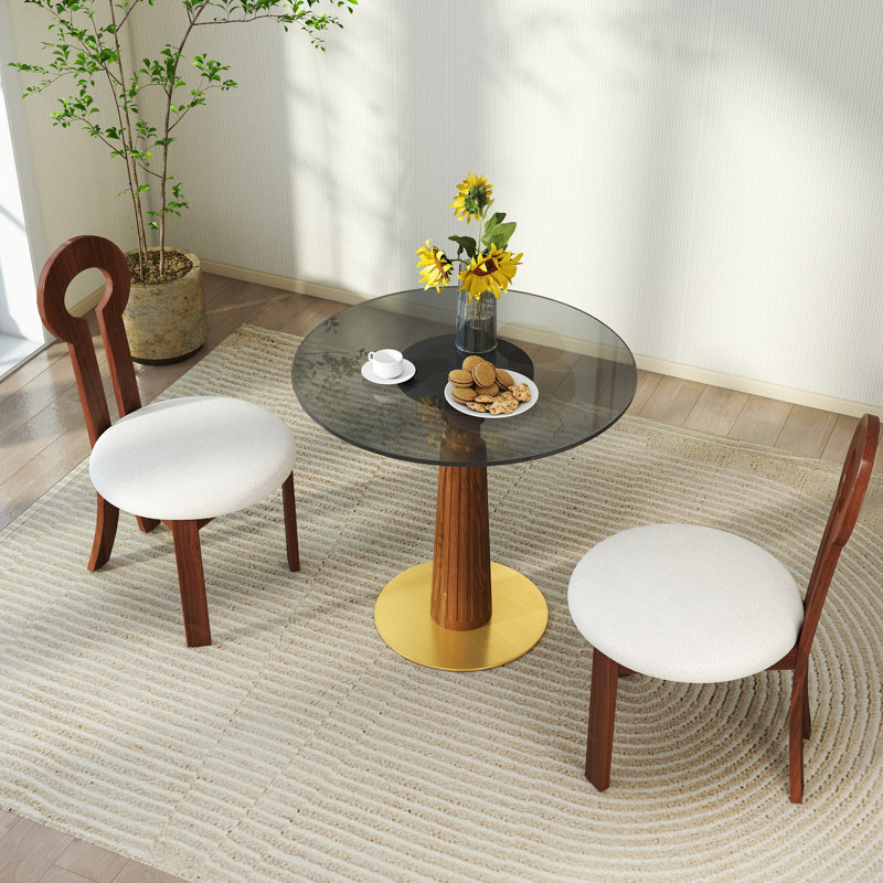Ensemble de salle à manger moderne 3 pièces - Table de salle à manger ronde avec plateau en verre trempé et 2 chaises rembourrées avec dossier en anneau, base en noyer et or