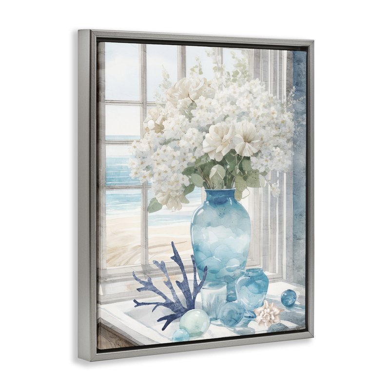 "Coastal Flower Vase Floater", art mural par Kim Allen, Cadre flottant gris lustré, H 31 po x l 25 po