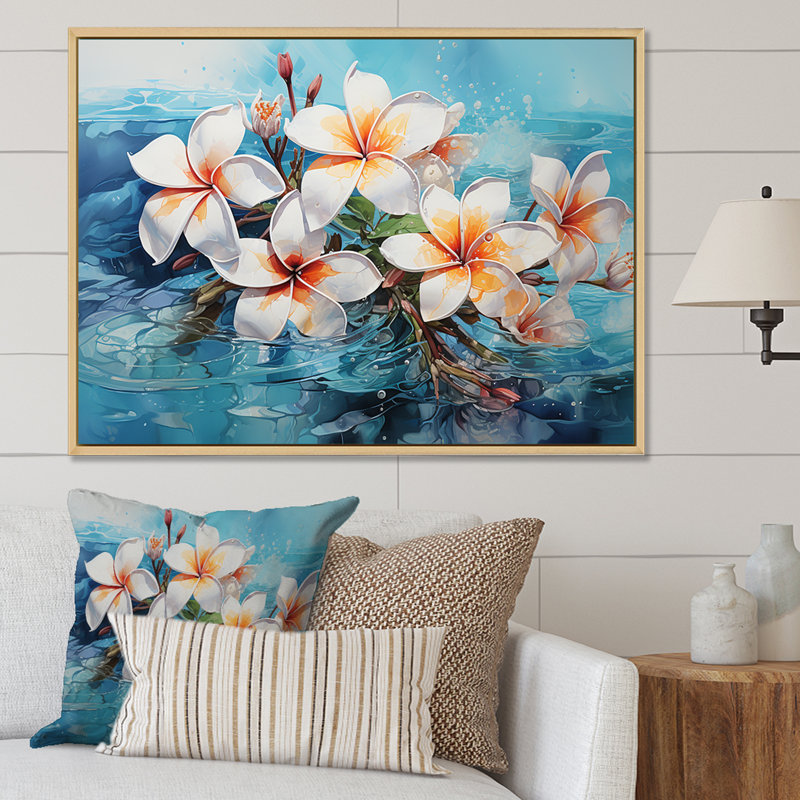 Plumeria Blossoms Come Alive In Water sur toile, Cadre flottant blanc, H 16 po x l 32 po x P 1 po