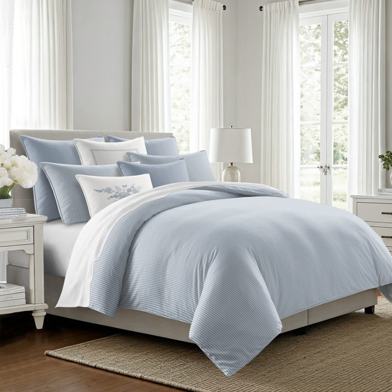 Ruben Stripe Reversible Cotton Duvet Cover Set, Cal.King Duvet Cover + 2 King Shams, Cornflower