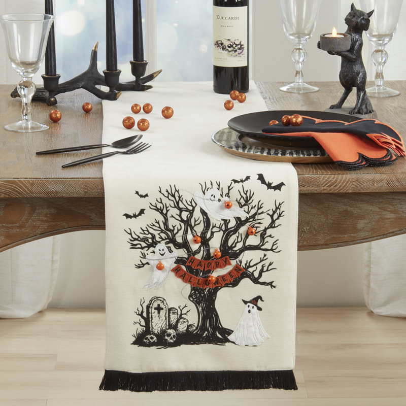 Happy Halloween Ghost Tree Embroidered Table Runner Table Runner 13" X 72"