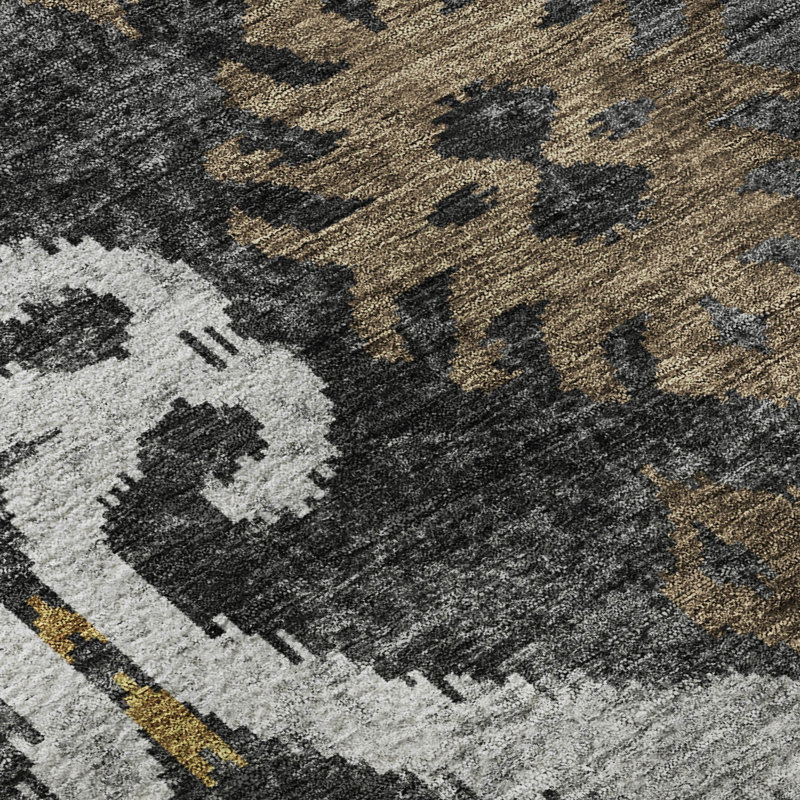 Tapis Villers AMF2614 Ikat de qualité supérieure, lavable à la machine, Noir, Tapis de couloir 2 pi 3 po x 7 pi 6 po