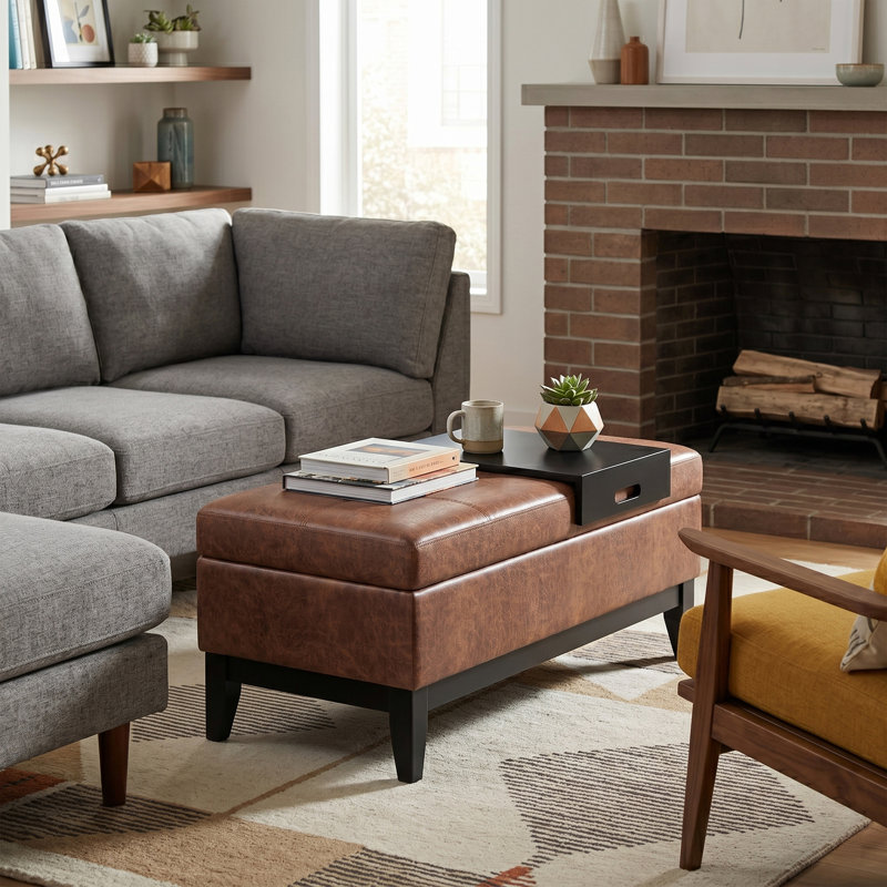 Oregon 42"W Upholstered Vegan Leather Contemporary Rectangular Lift-Up Storage Ottoman Bench with Tray and Hidden Storage