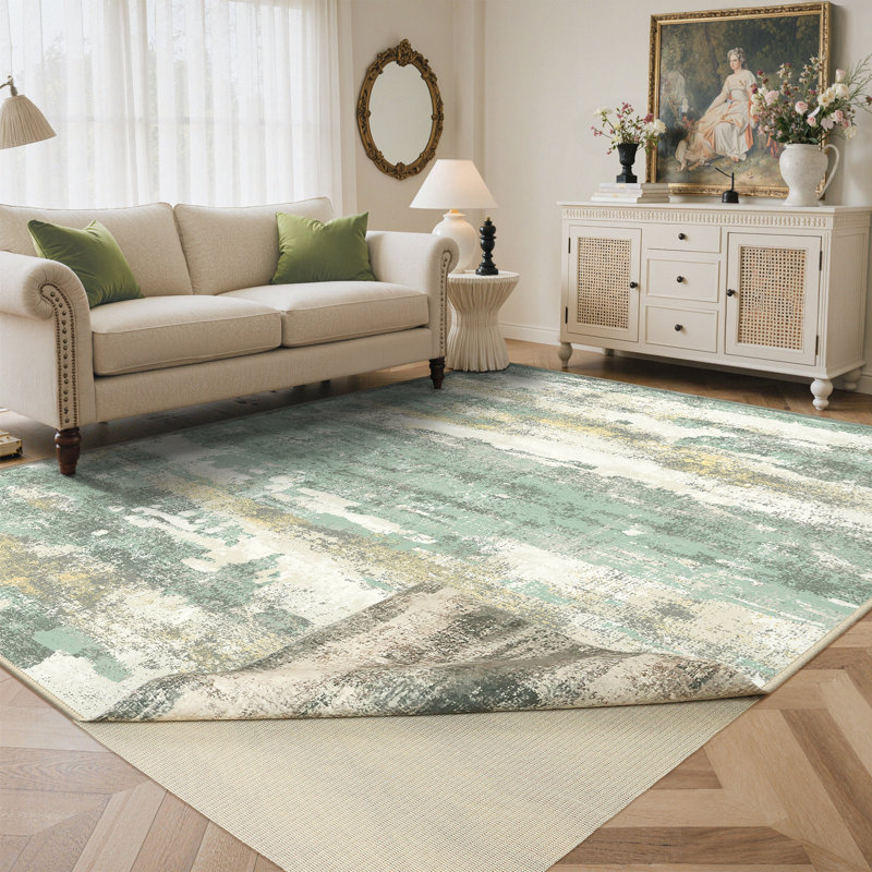 Pavelina Abstract Reversible Green Machine-Washable Area Rug with Rug Pad, Rectangle 5' x 7', Green 