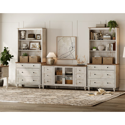 Entertainment Center With Bookshelves With Glass Doors& Drawer, Farmhouse Wall Unit TV Stand For Tvs Up To, Media Console Table For Living Room, Bedroom & Home Theater, Rustic White