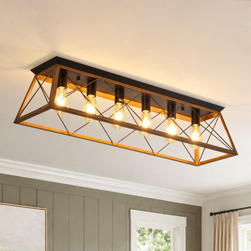 Farmhouse 6-Light Metal Rectangular Flush Mount Ceiling Light, Matte Black/Light Walnut, 6 Lights, 8.7" H x 38" W x 10.2" D
