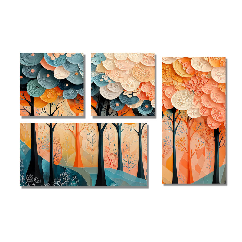 «Forest Trees Dream Fragments Forest I - Landscape», reproduction d'art sur toile 4 pièces, Doré