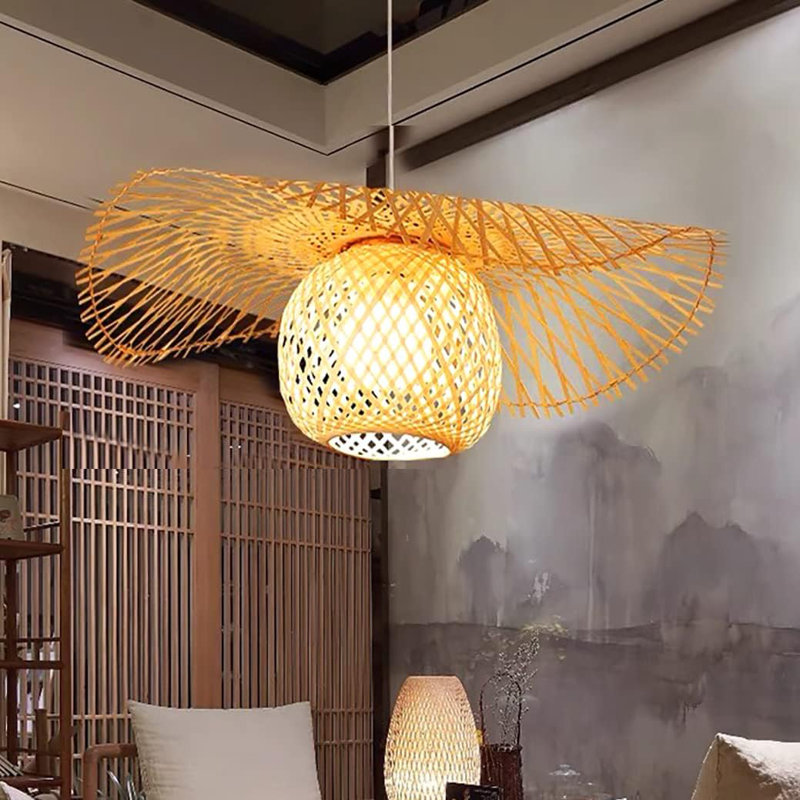 Luminaire suspendu en bambou tissé à la main Lampe simple en bambou avec petit abat-jour rustique pour chambre à coucher, salle à manger et salon