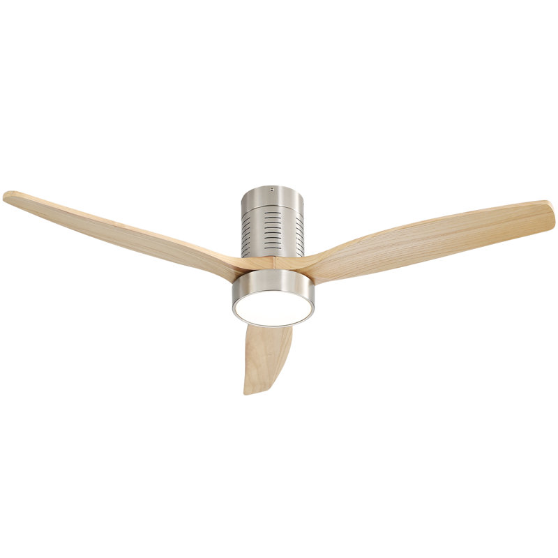 Kemp 52'' 3 -Blade LED Flush Mount Ceiling Fan with Light and Remote Control, Brushed Nickel/Light Wood Blades