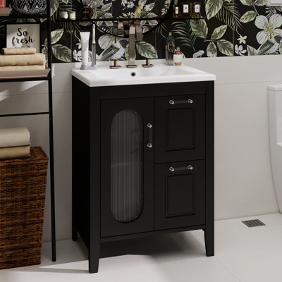 24" Bathroom Vanity With Sink, Bathroom Vanity Cabinet With Two Drawers And Door, Adjustable Shelf, Solid Wood And MDF, Black