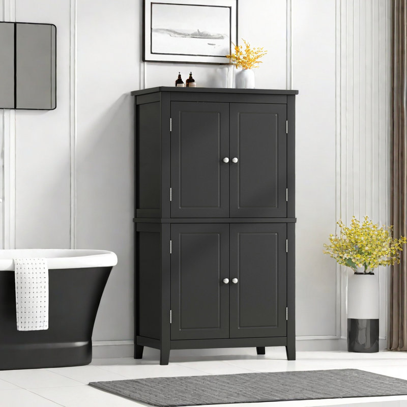 Armoire de rangement autoportante pour salle de bain avec tablettes réglables et 4 portes, Noir mat