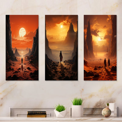 Lonely Woman Walking In Desert I - Canyon & Desert Metal Wall Art Set Of 3