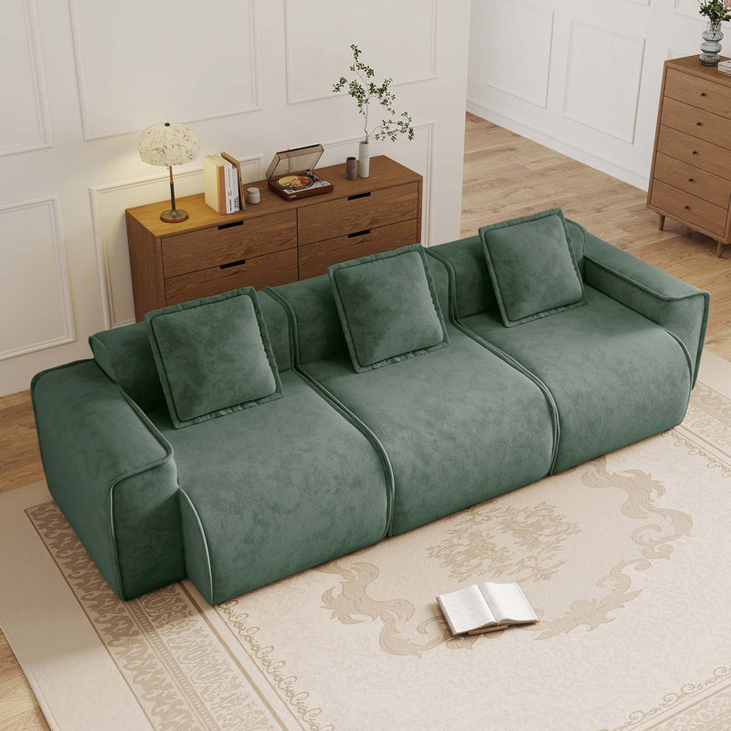 Streamlined French Edge Piping Modular 3-Seat Velvet Boneless Sofa with Throw Pillows, Green Velvet