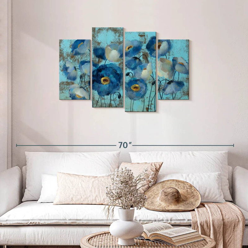 Aquamarine Floral On Blue, H 27 po x l 43 po